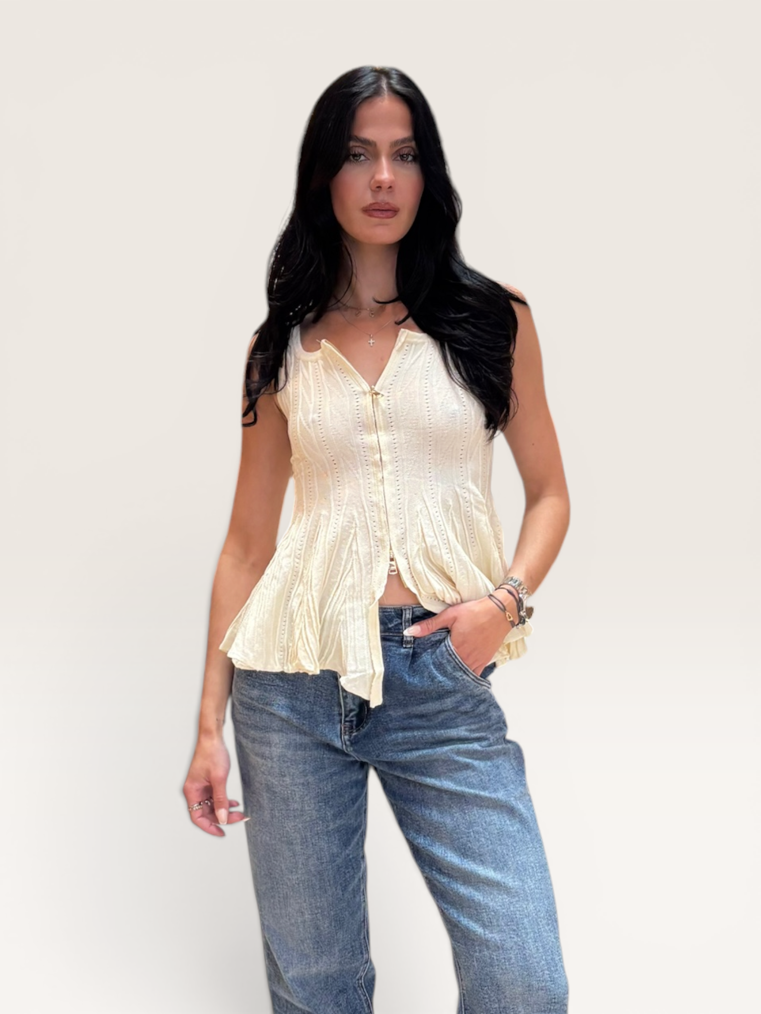 Top beige fermeture