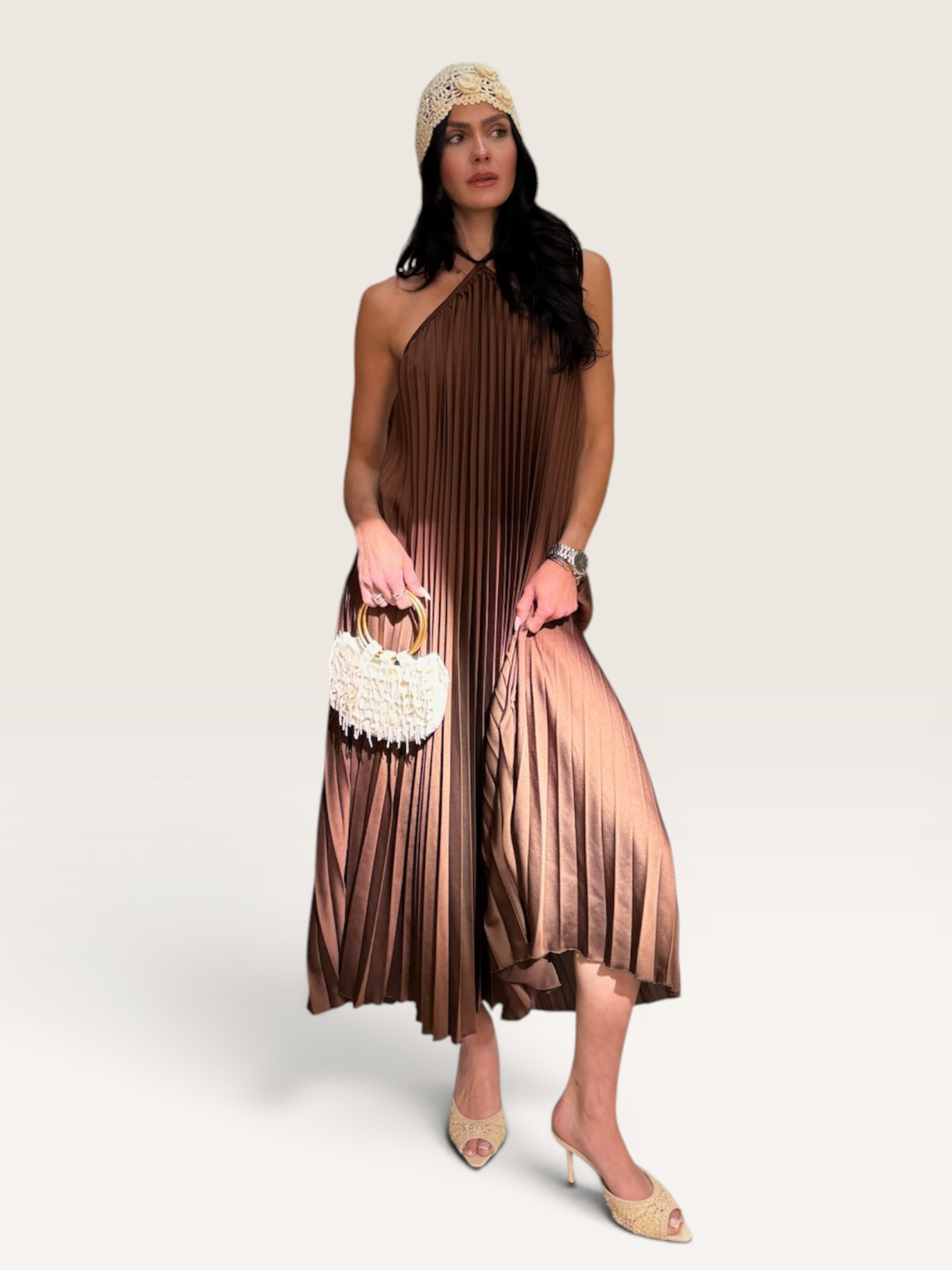 Robe plissée marron