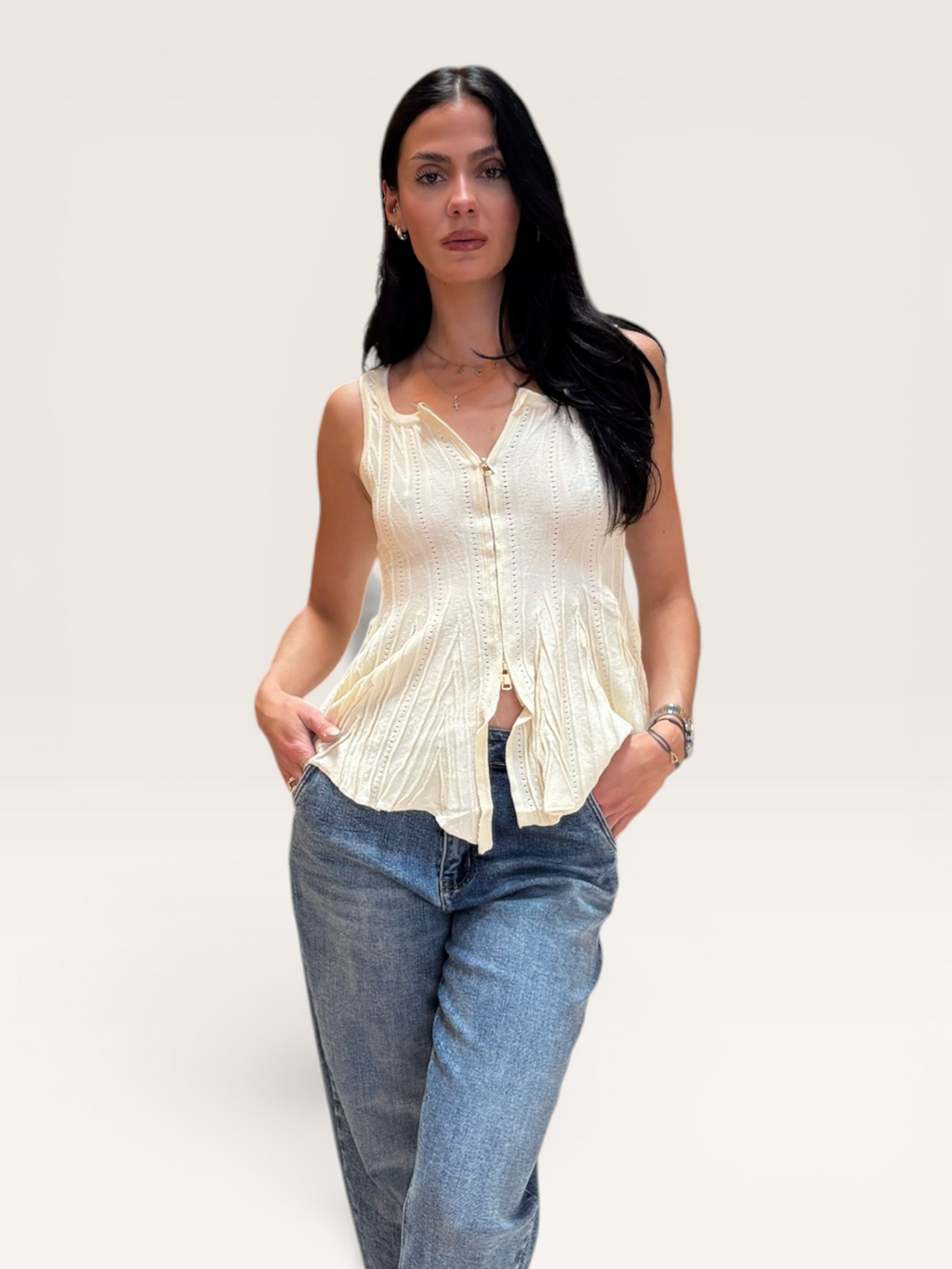Top beige fermeture