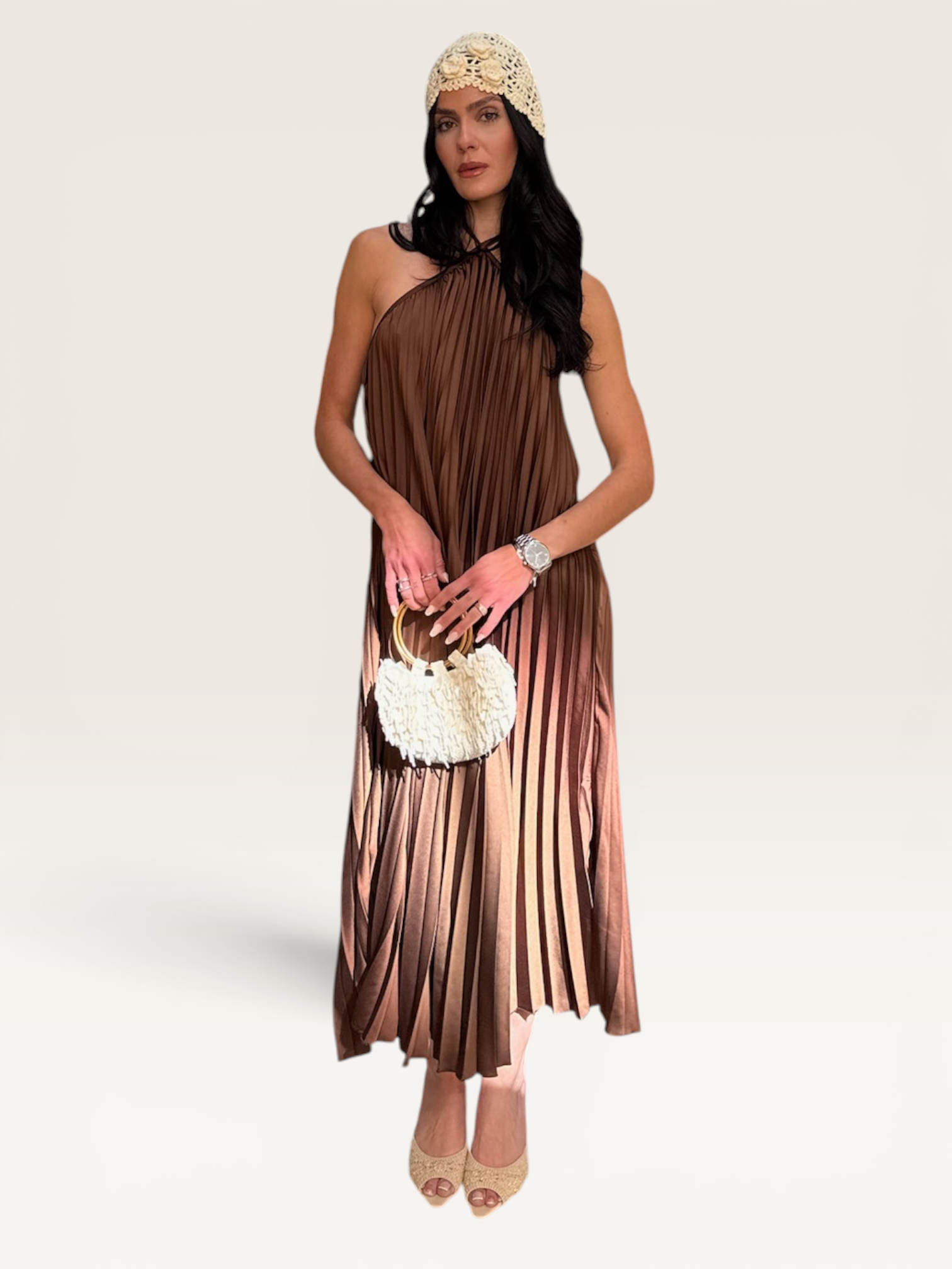 Robe plissée marron